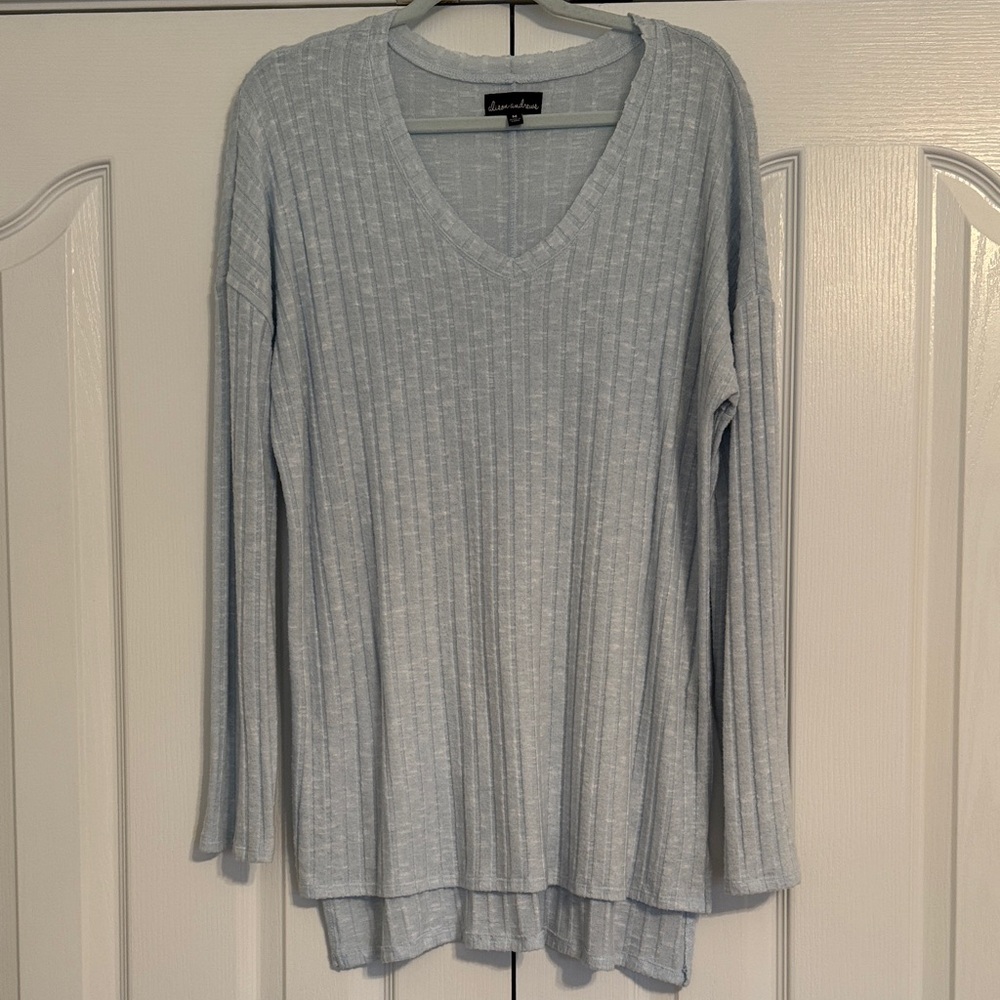 Sky Blue Ribbed V-Neck Sweater